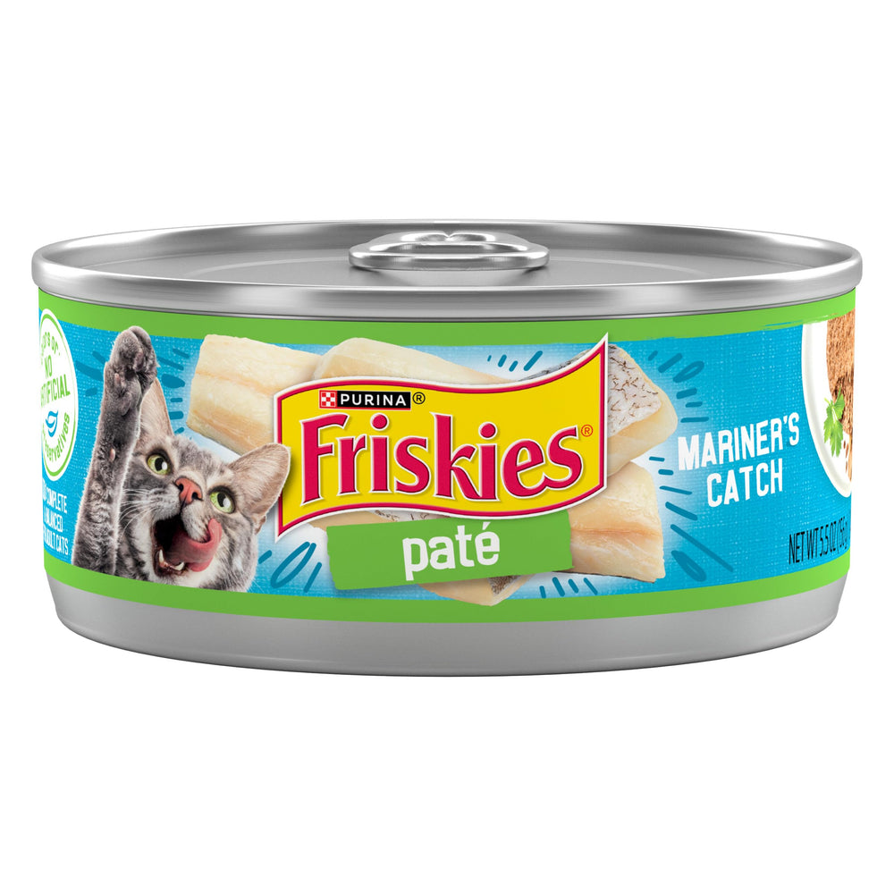 Friskies boîte avant montrant la marque et la saveur marine, appétit assuré