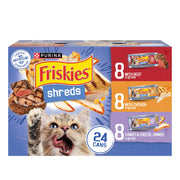Friskies Purina Shreds face de la boîte montrant la saveur et avantage appétent