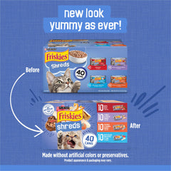 Friskies gros plan sur lamelles effilochées montrant texture appétente et hydratation