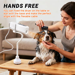 Fujoyia posé sur son support avec la sangle autour du cou pour toilettage mains‑libres