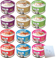 Fussie‑Cat pack avant des 12 boîtes montrant les étiquettes et saveurs pour varier l'alimentation