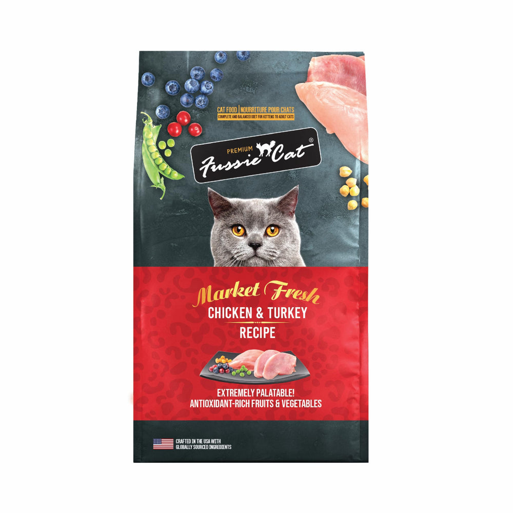 Fussie Cat emballage avant montrant la recette poulet et dinde, apte à séduire