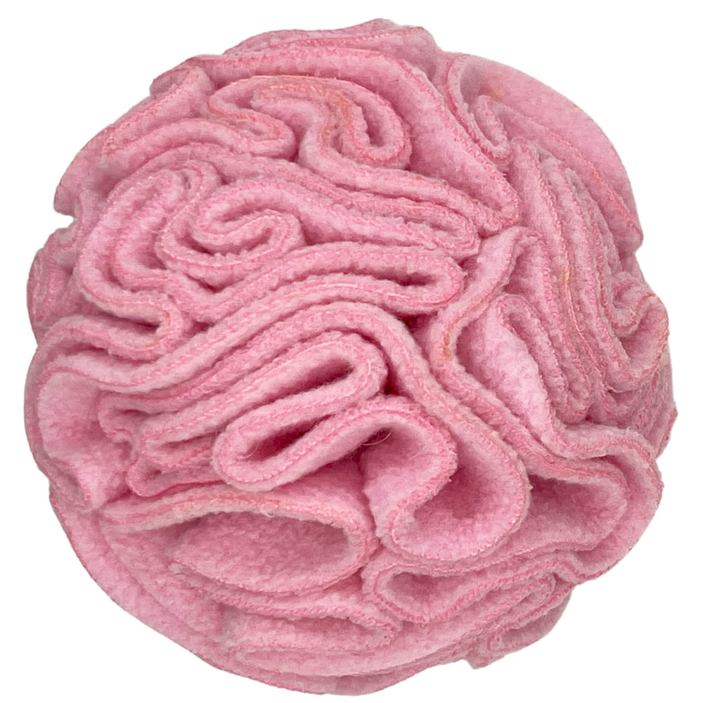 Glory To Dog vue avant du snuffle ball rose montrant forme et ouverture, stimule le jeu