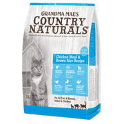Grandma Mae's sac 6 lb devant montrant la recette poulet riz brun et bénéfice nutritionnel
