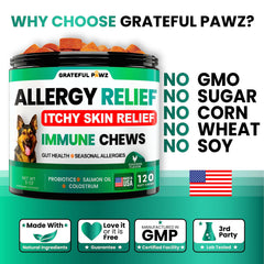 Grateful Pawz ingrédients : huile de saumon et colostrum pour soutien cutané