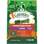 Greenies emballage avant Pumpkin Spice montrant l'apparence festive et bénéfice nettoyant