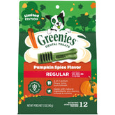Greenies emballage avant Pumpkin Spice montrant portion et bénéfice dentaire