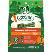Greenies emballage avant montrant la saveur Pumpkin Spice et bénéfice dentaire