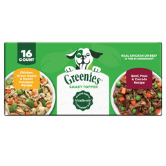 Greenies Smart Topper emballage avant montrant le pack de 16 sachets et bénéfice saveur