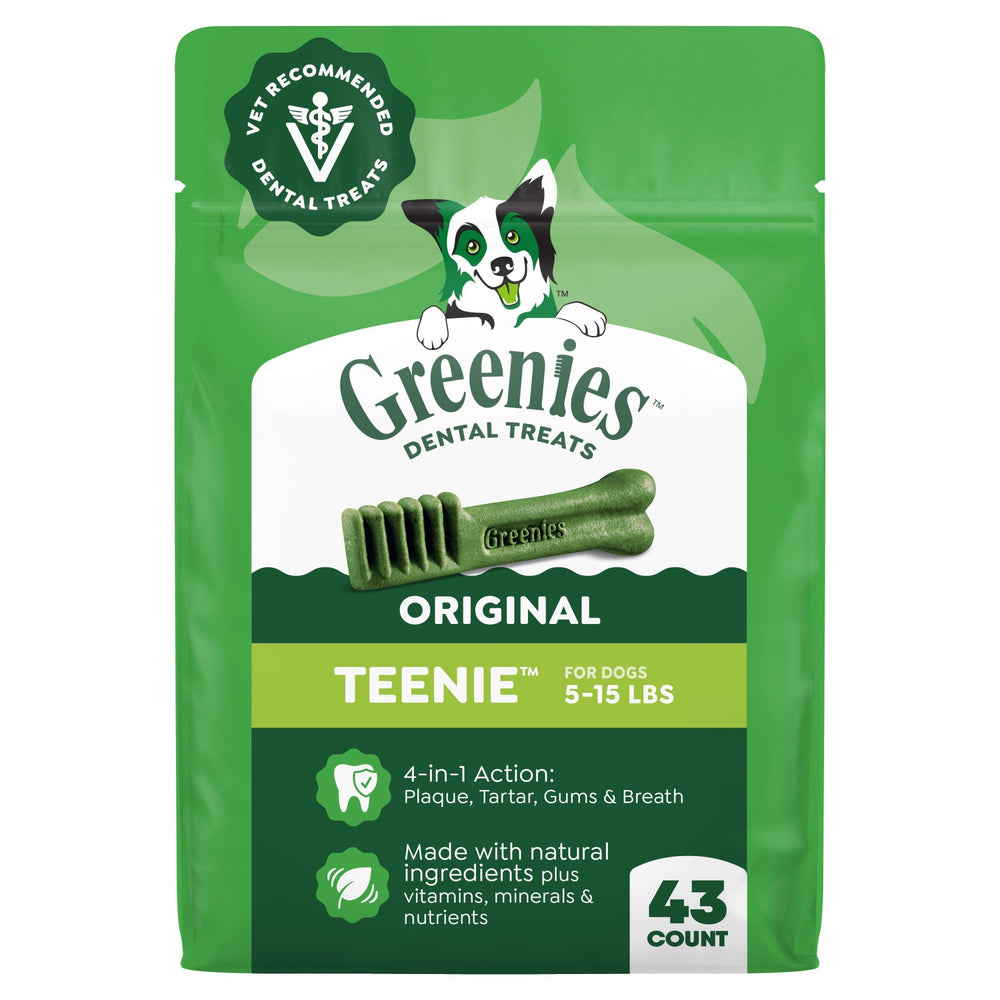 Greenies emballage avant montrant le format Teenie et bénéfice dentaire