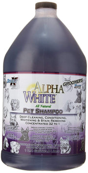 Groomers Edge Alpha White flacon gallon montrant l'étiquette et l'usage professionnel