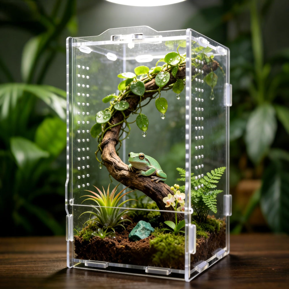 GTSEEMUU vue avant du terrarium acrylique offrant visibilité complète