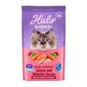Halo emballage avant montrant la recette saumon et whitefish, qualité garantie