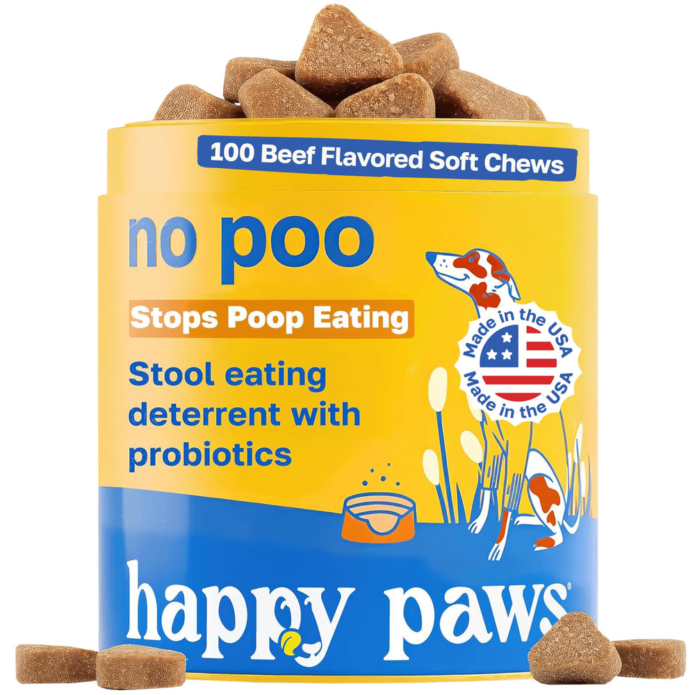 Happy Paws boîte avant montrant le format 100 compte et usage quotidien