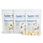 Happy Wax packaging avant montrant le lot de trois parfums, praticité pour propriétaires