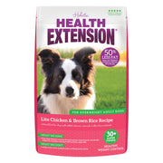 Health Extension sac face montrant recette poulet et riz brun, bénéfice contrôle du poids
