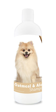 Healthy Breeds emballage avant du shampooing Pomeranian montrant l'étiquette et la taille 16 oz, bénéfice : clarté des informations