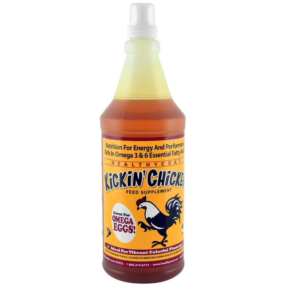 Healthy Coat Kickin Chicken bouteille devant montrant l'emballage et informations produit