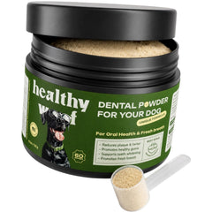 Healthy Woof emballage avant montrant le pot et bénéfice hygiène buccale