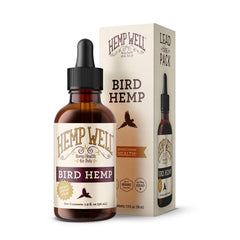 Hemp Well bouteille face montrant l'huile de chanvre, bénéfice brillance plumes
