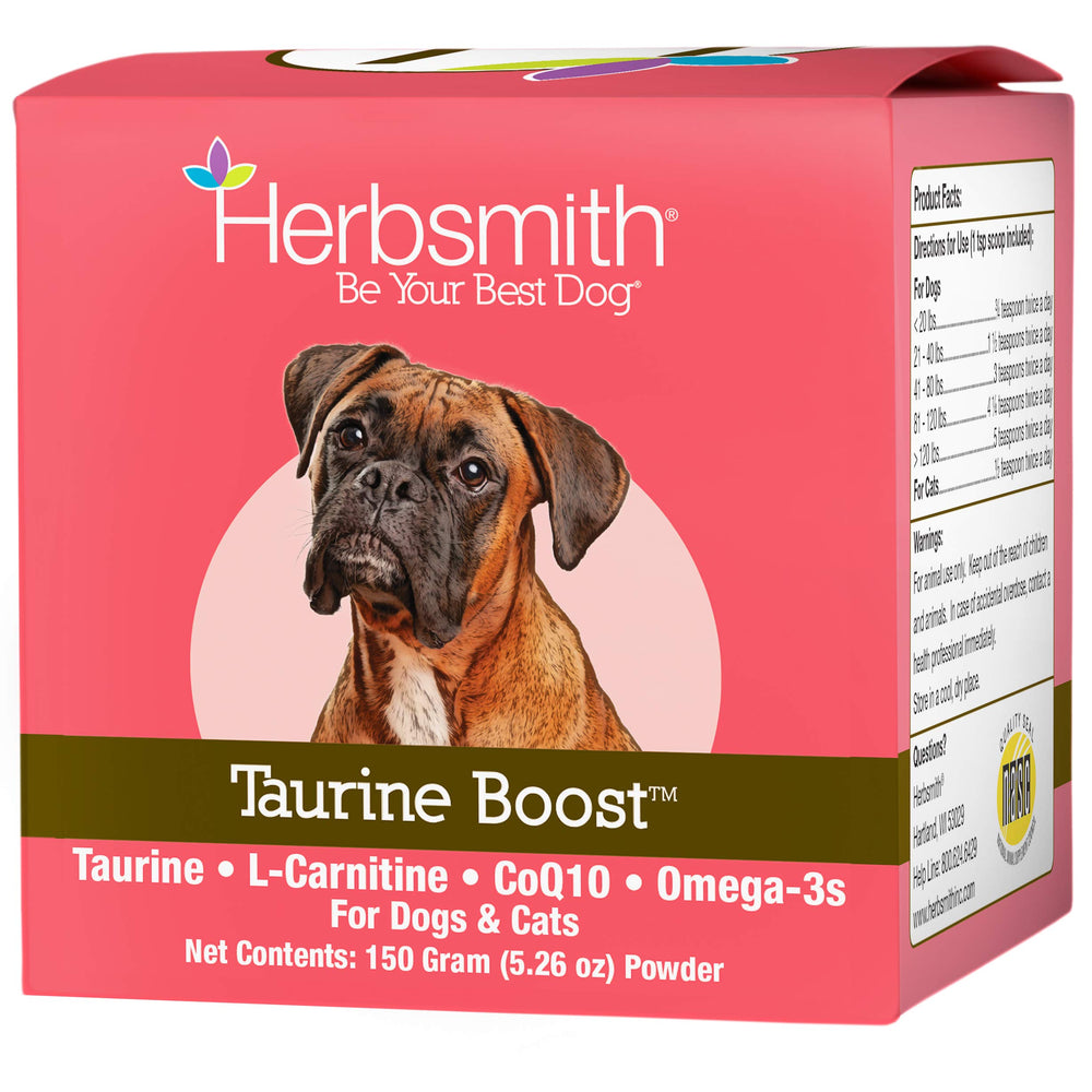Herbsmith pot Taurine Boost vu de face montrant l'emballage et la dose recommandée