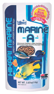 Hikari Marine-A emballage avant montrant format 110g et bénéfice appétence