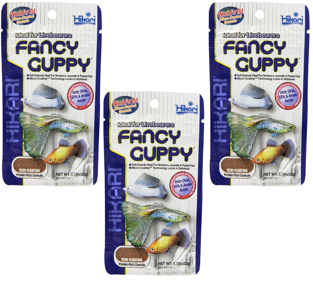 Hikari sachet avant d'emballage montrant granulés et praticité pour santé des guppys
