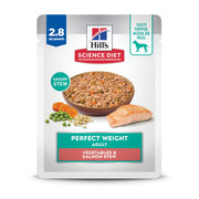 Hill's boîte frontale montrant la recette Saumon & Légumes et bénéfice gestion du poids