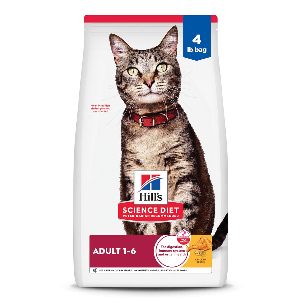 Hill's Science Diet emballage avant montrant formule pour chats adultes, lisible et rassurant