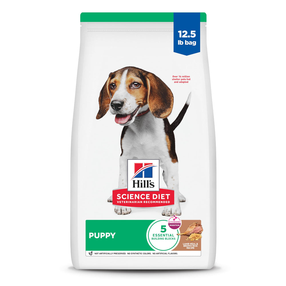 Hill's Science Diet emballage devant montrant la recette Agneau et Riz Brun pour chiots bénéfice nutritionnel