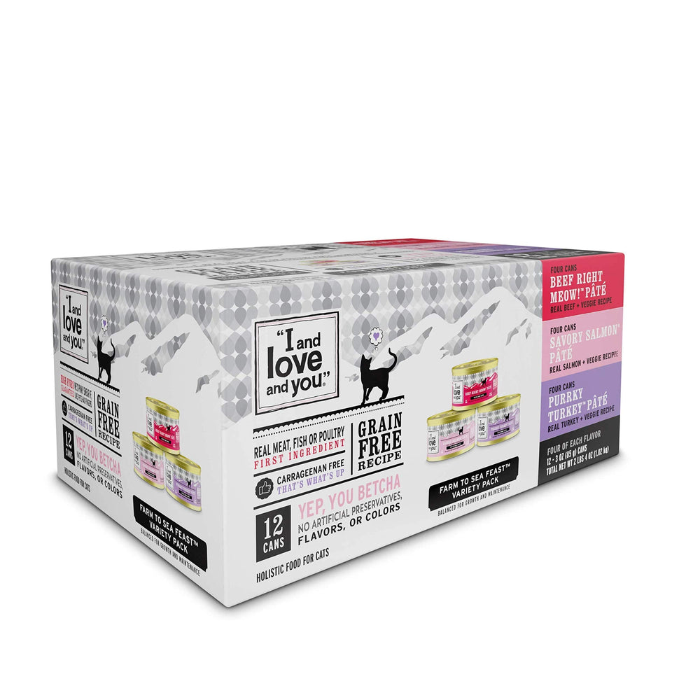I AND LOVE AND YOU face de boîte assortiment montrant variétés et appétence