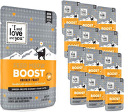 I AND LOVE AND YOU emballage frontal Feed Meow Boost poulet montrant le design pratique