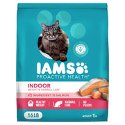 IAMS emballage avant 16 lb montrant formule saumon bénéfice nutrition complète