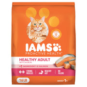 IAMS emballage avant 16 lb montrant la formule au saumon et avantages Proactive 5