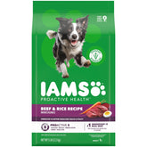 IAMS emballage avant Boeuf & Riz montrant bénéfice nutritionnel