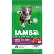 IAMS emballage avant Boeuf & Riz montrant bénéfice nutritionnel