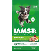 IAMS emballage avant Minichunks montrant la recette au poulet et bénéfice nutritionnel