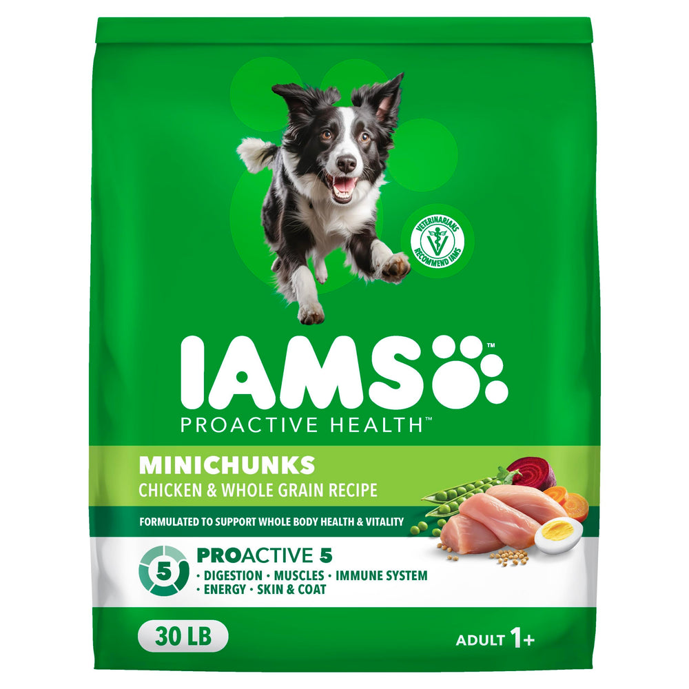 IAMS emballage avant Minichunks montrant la formule poulet pour confiance