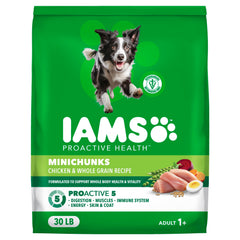 IAMS emballage avant Minichunks montrant la formule poulet pour confiance