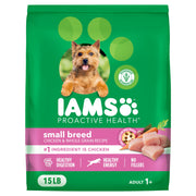 IAMS emballage avant montrant la recette pour petites races et facilité d'utilisation