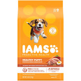 IAMS emballage avant Puppy Poulet & Riz montrant la recette et avantages