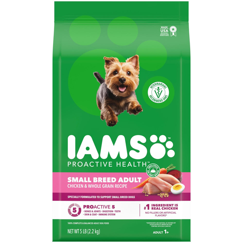 IAMS emballage devant Small Breed montrant recette poulet bénéfice nutrition