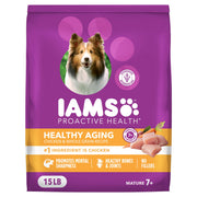 IAMS sac avant montrant poulet réel et formule senior bénéfice énergie