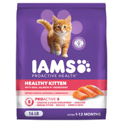 IAMS emballage avant Kitten saumon montrant la marque et bénéfice nutritionnel