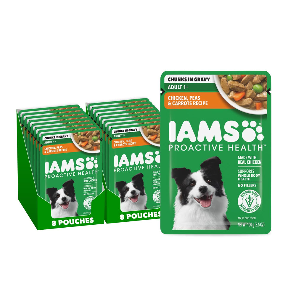 IAMS emballage avant poulet montrant portion pratique et qualité