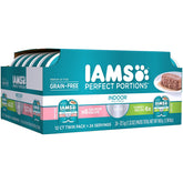 IAMS emballage face avant montrant mix saumon et dinde, praticité pour les repas