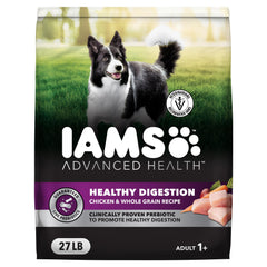 IAMS paquet devant poulet 27 lb montrant composition et avantage digestif