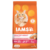 IAMS emballage avant montrant formule saumon et bénéfices digestifs