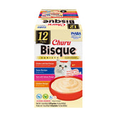 INABA emballage avant de Churu Bisque montrant variétés thon et poulet et bénéfice qualité