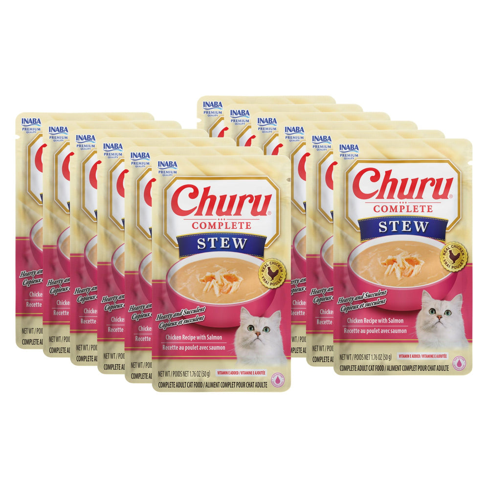 INABA emballage avant Churu Complete Stew poulet et saumon montrant le design et quantité